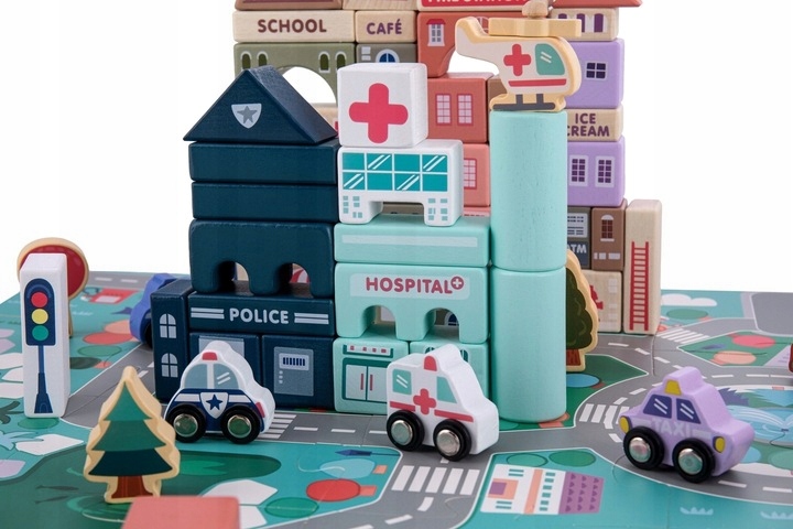 DREWNIANE KLOCKI + MATA PUZZLE MIASTO AUTA POLICJA BANK STRAŻ HELIKOPTER ++