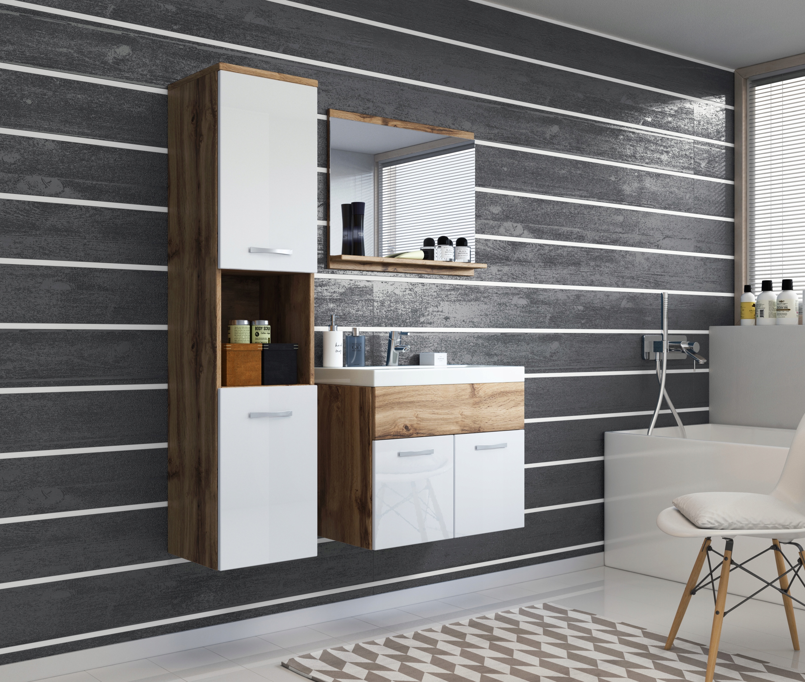 Meble łazienkowe MONTREAL, umywalka, lustro DĄB WOTAN / BIAŁY POŁYSK