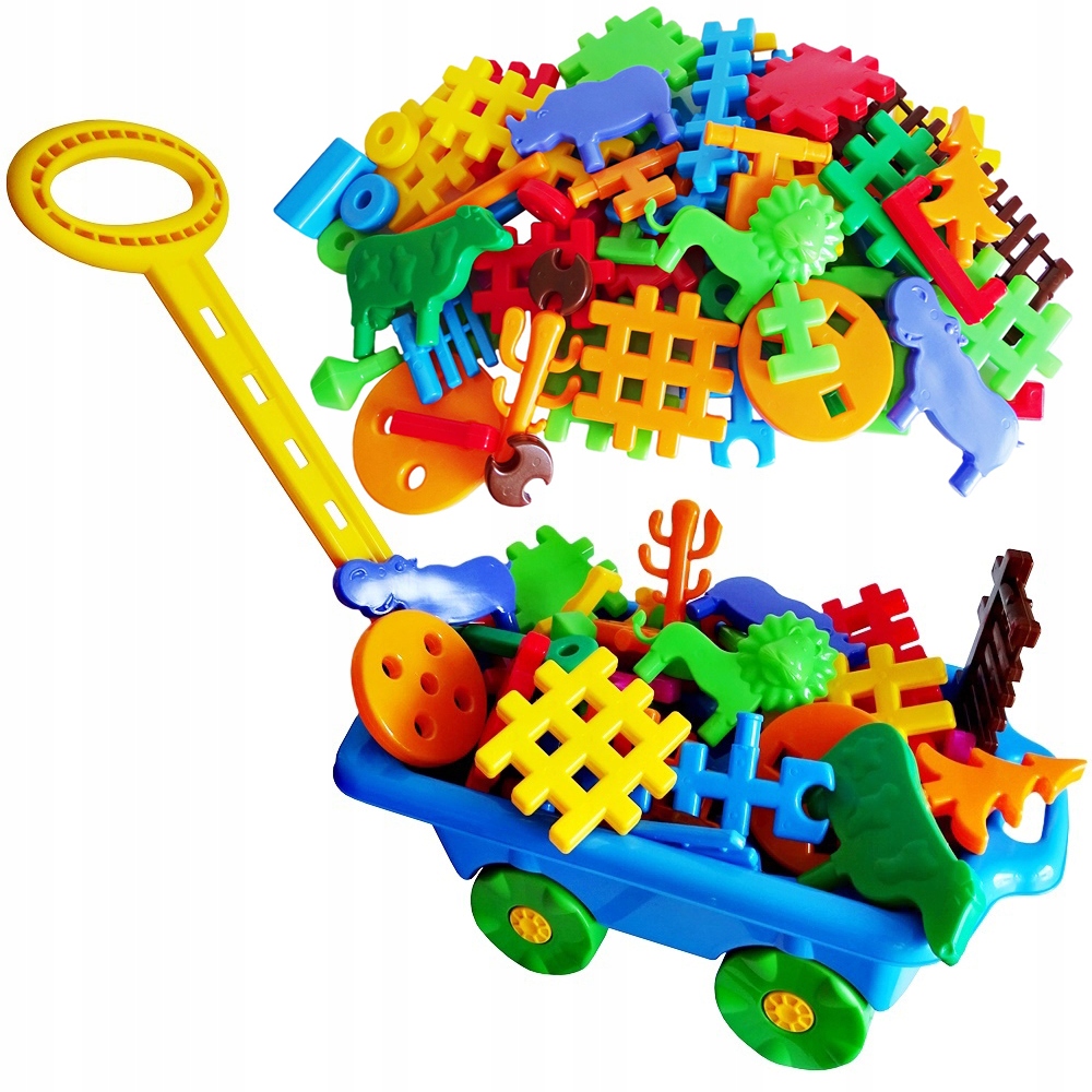 ZESTAW WÓZ TACZKA Z RĄCZKĄ + KLOCKI WAFLE MIX 60