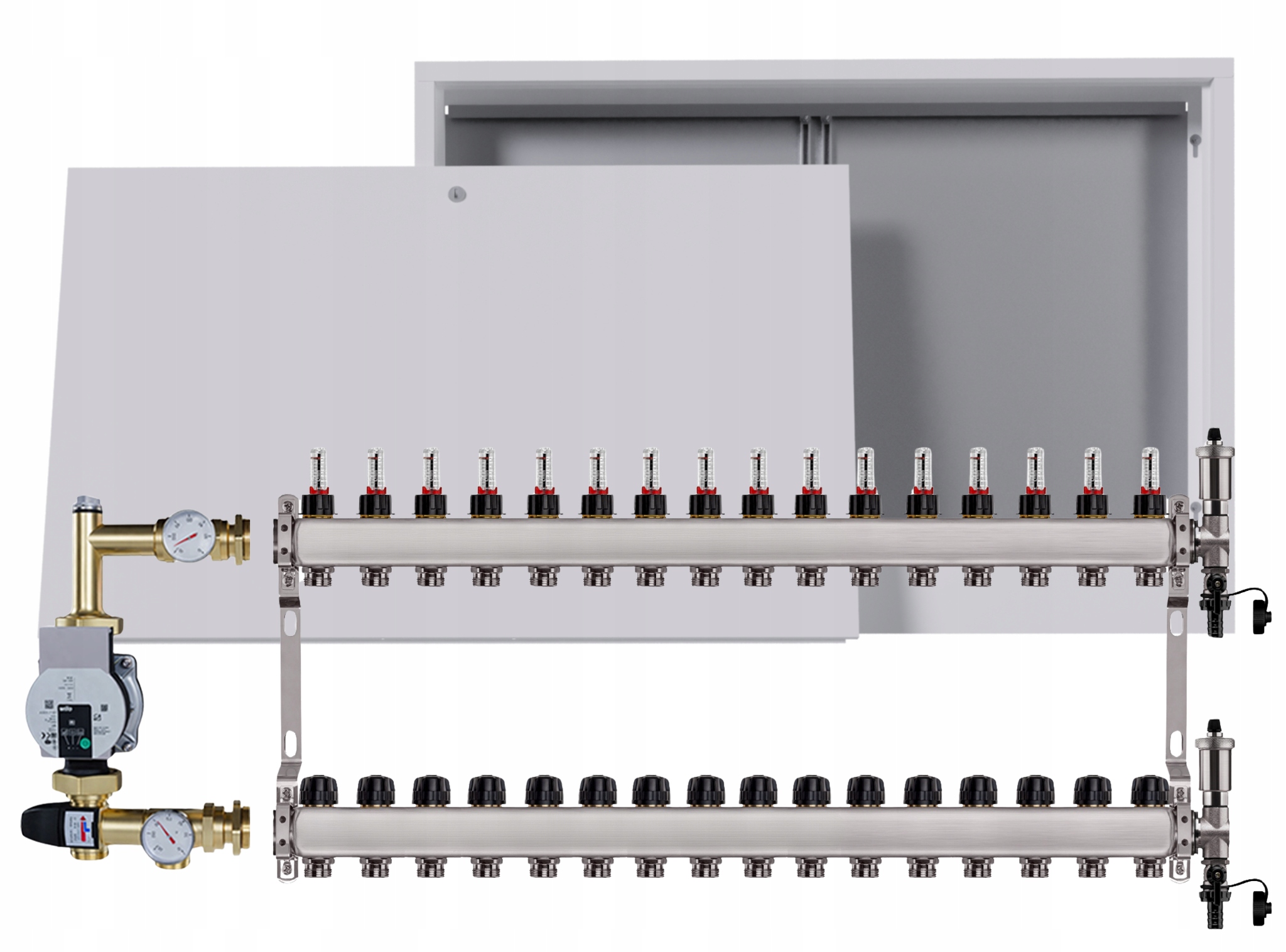 Nerezový rozdělovač pro podlahu 16 s nástěnným boxem Pumpa Wilo