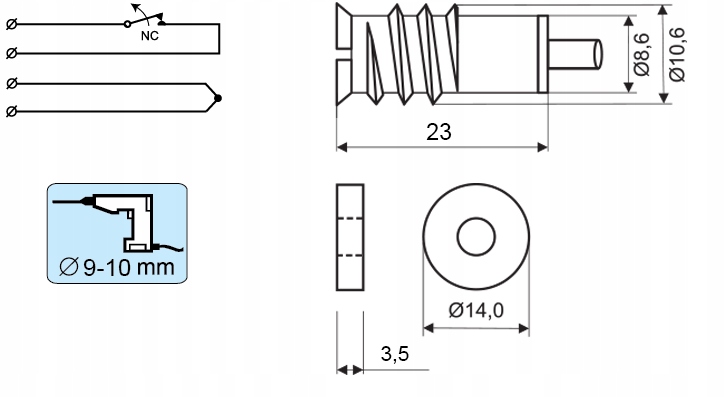 MC 250-M14-6 KONTAKTRON CZUJKA CZUJNIK MAGNETYCZNY WPUSZCZANY NC ALARMTECH Kod producenta MC 250-M14-6