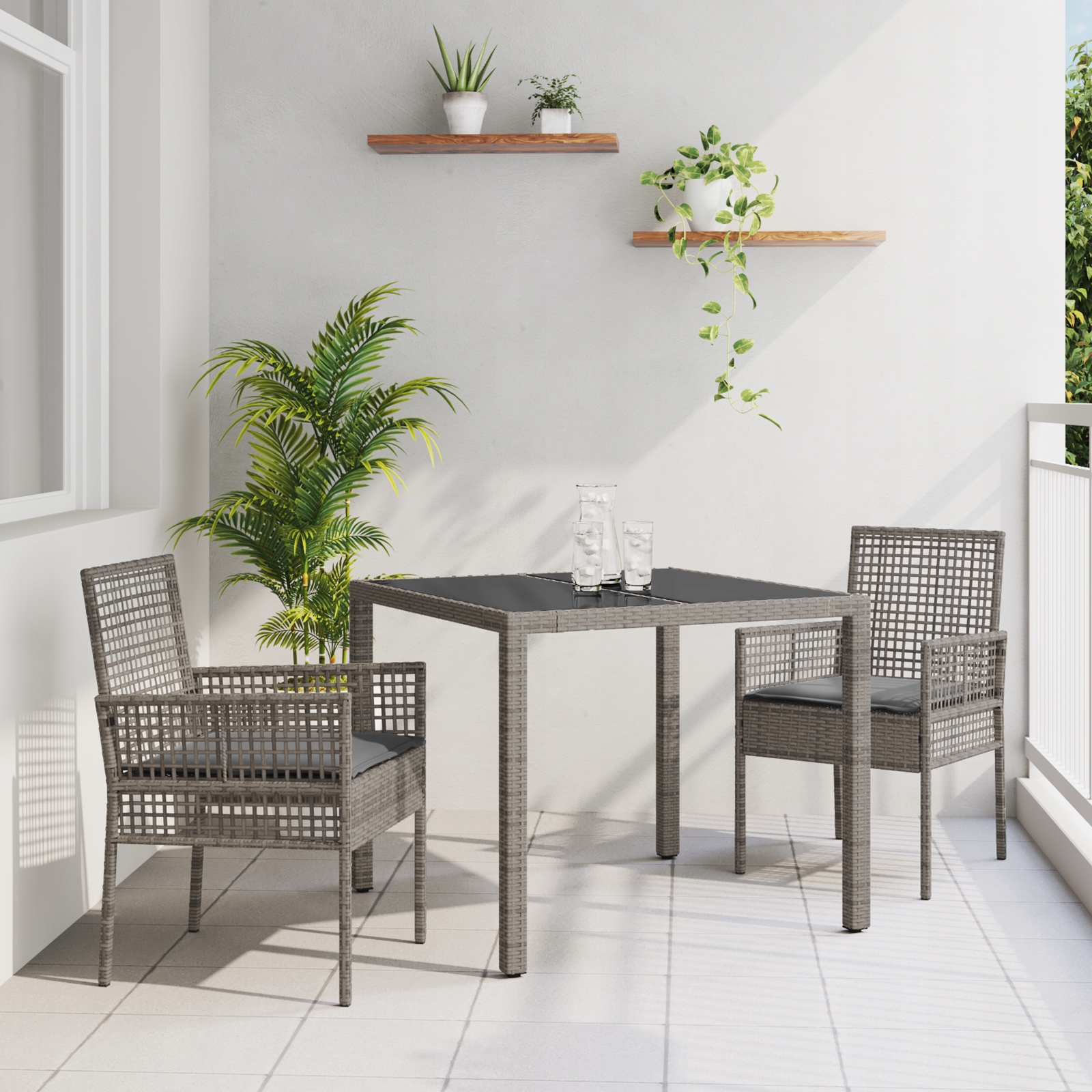Zahradní set z polyratanu a tvrzeného skla, stůl 90x90 cm, šedý