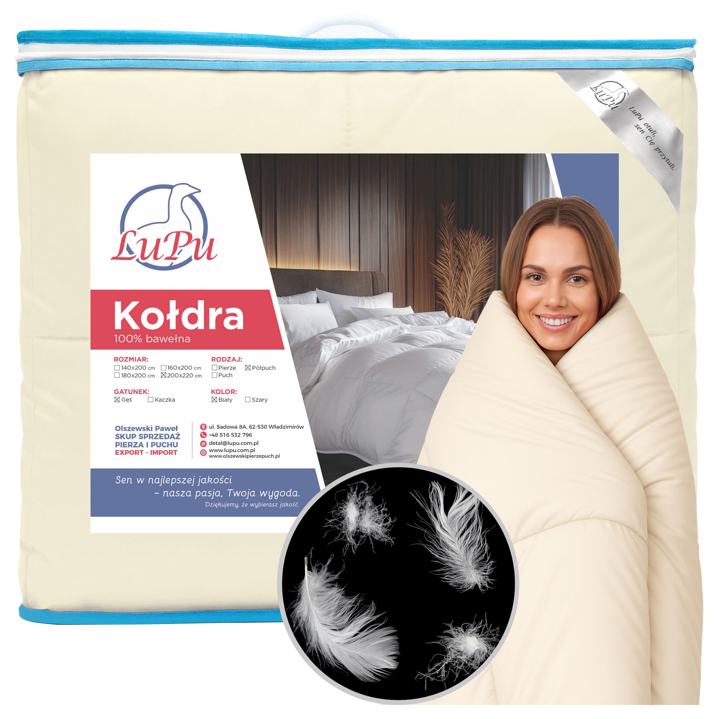 Přikrývka 200x220 Péřová celoroční antialergická Polopuch Husí Ecru Lupu