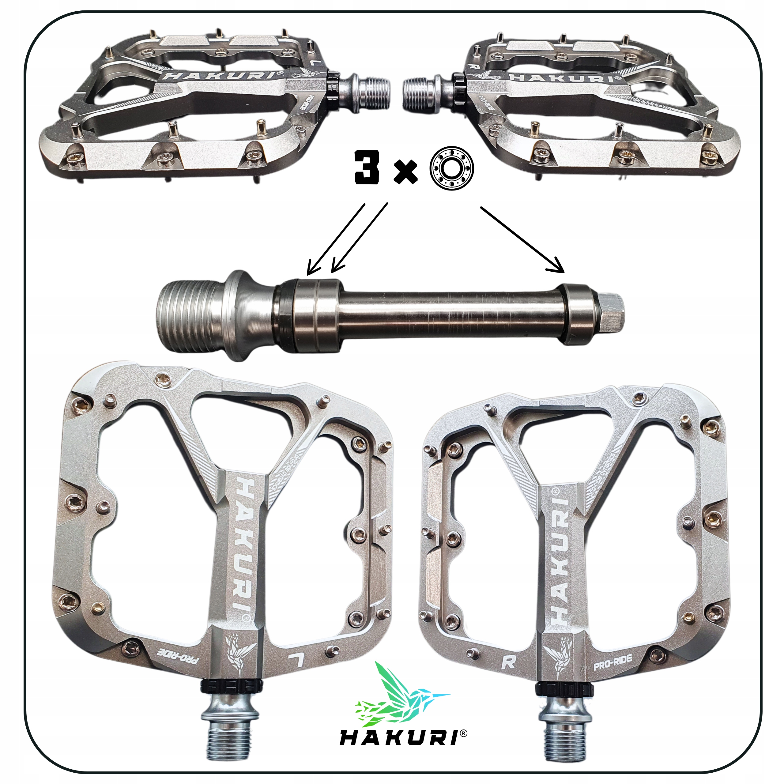 PEDAŁY ROWEROWE HAKURI ALUMINIOWE 3 ŁOŻYSKA LEKKIE PLATFORMOWE MTB DH TRIAL Model PRO-RIDE DYNAMICS SILVER EDITION