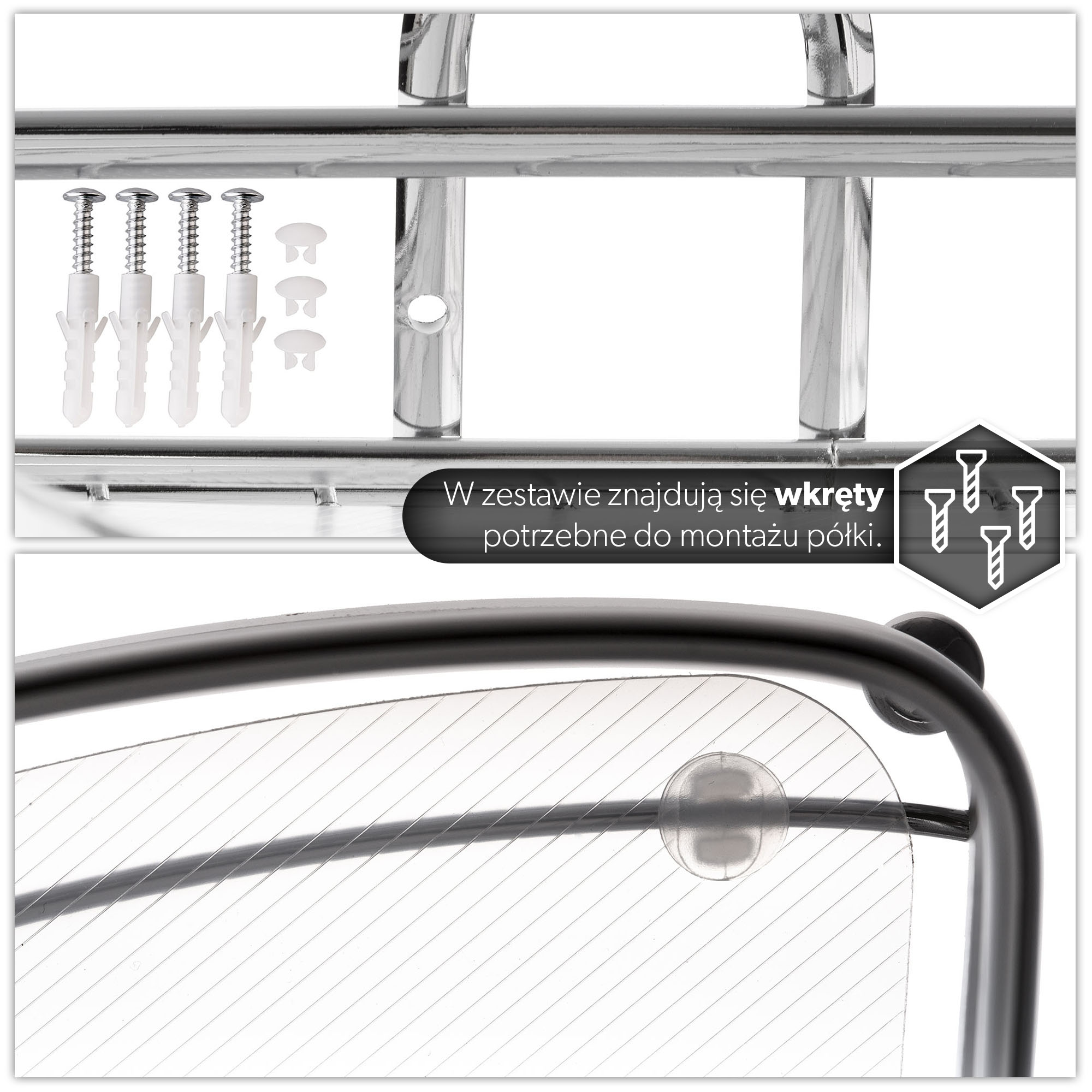 PÓŁKA ŁAZIENKOWA NAROŻNA POD PRYSZNIC WISZĄCA 3 PÓŁKI ŚCIENNA CHROM Szerokość mebla 25 cm