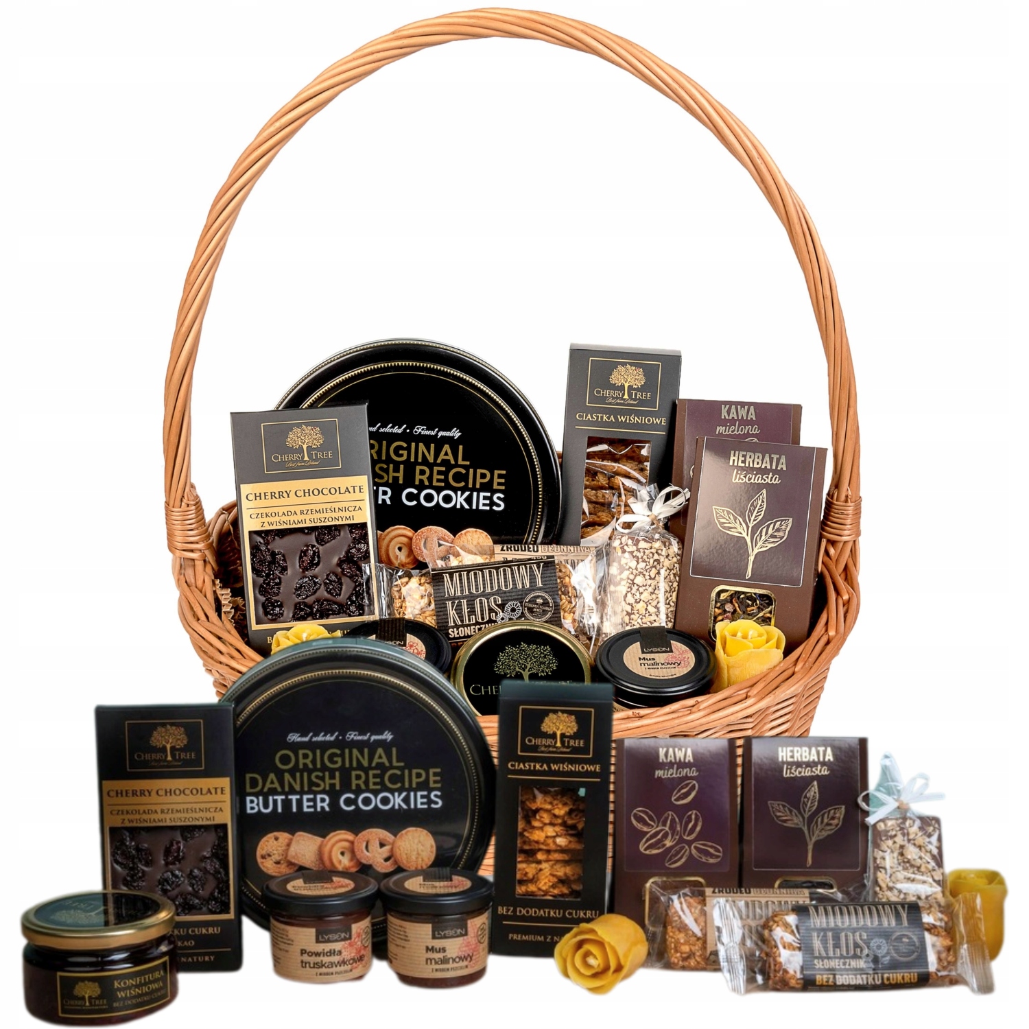 Kosz Prezentowy Wiklinowy Zestaw Premium Herbata Czekolada Ciastka Urodziny