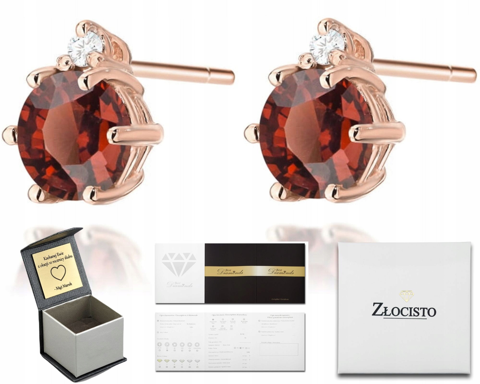 Náušnice S Granátem A Brilianty Z Růžového Zlata V Ryzosti Zlata 585 14K