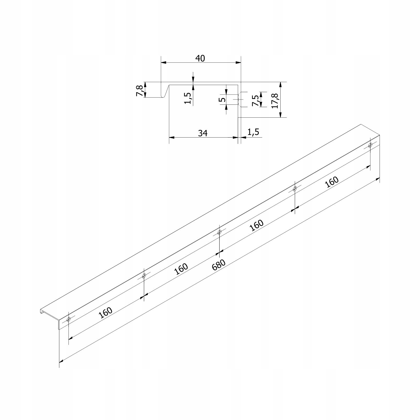 Uchwyt meblowy krawędziowy ANE 680mm CZARNY MAT Długość 68 cm