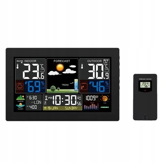 Meteostanica, XL farebný LCD, teplota, vlhkosť, tlak, Rcc, čierna, TE81XL