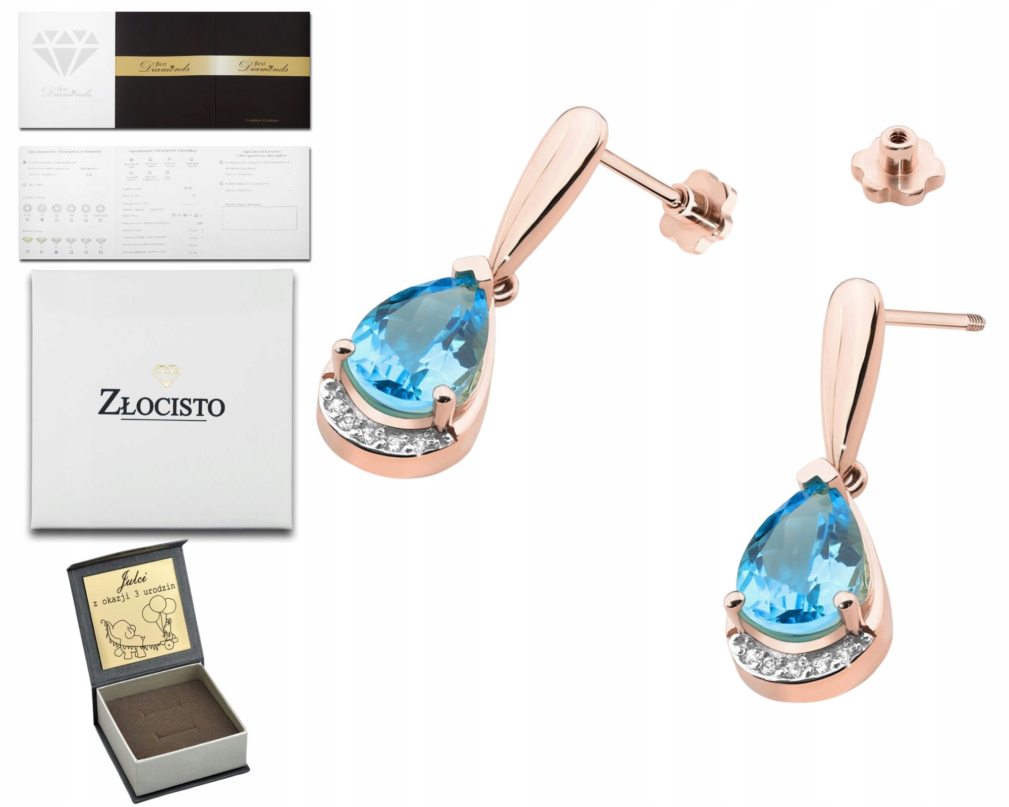 Růžové Zlato Náušnice S Topazem A Brilianty Zlato 585 14K Dárek Gravírování