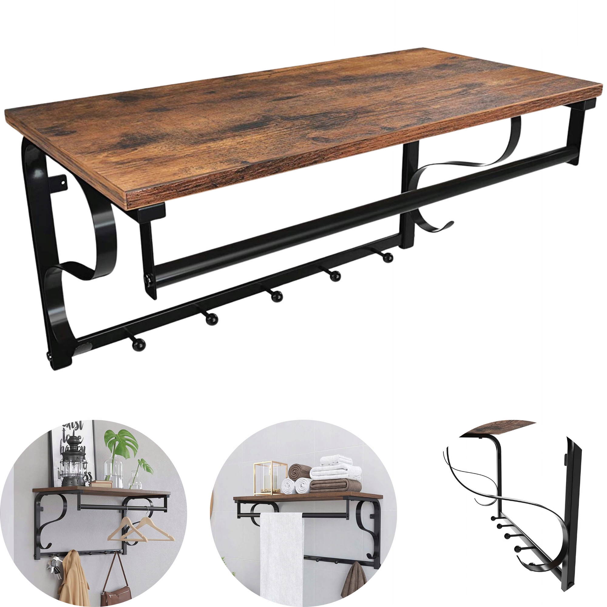 Nástěnný věšák s policí s 5 háčky, polička na oblečení, tyč na oblečení