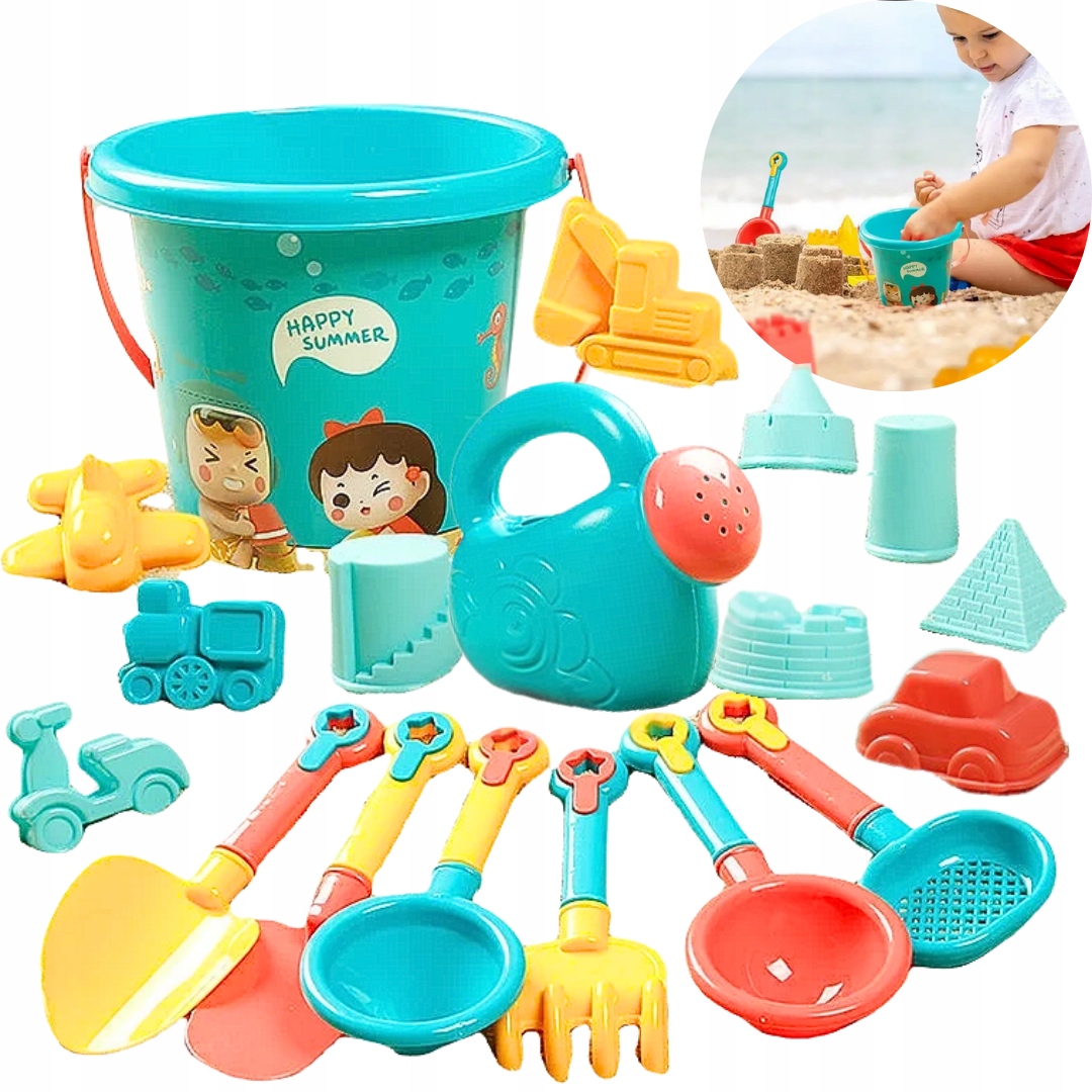 ZABAWKI DO PIASKU Wiaderko KONEWKA SITKO FOREMKI GRABKI SZPADELEK 18 el.
