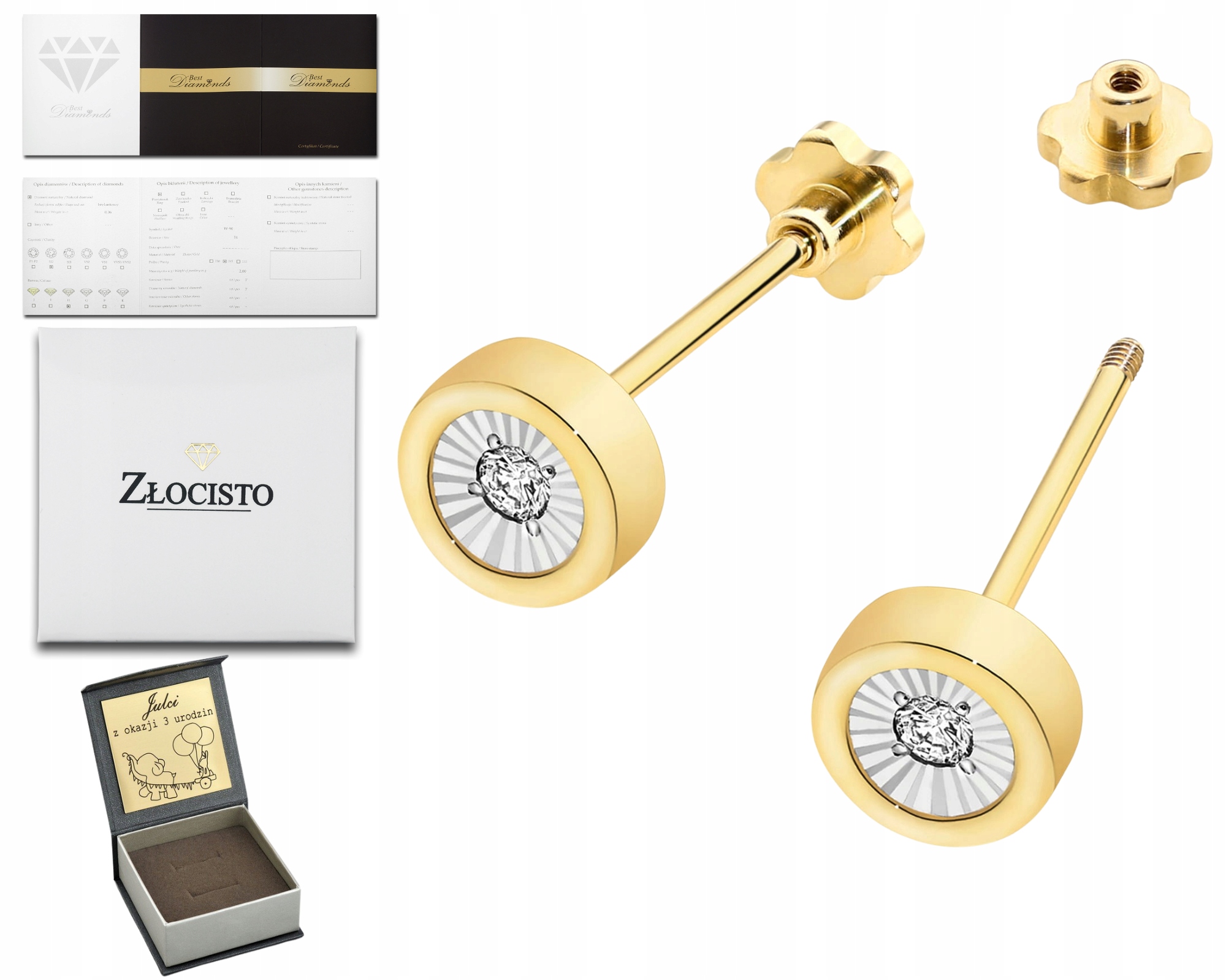 Zlaté Náušnice S Diamantem, Šroubovací Tyčinka, Klasické Kulaté Gravírování