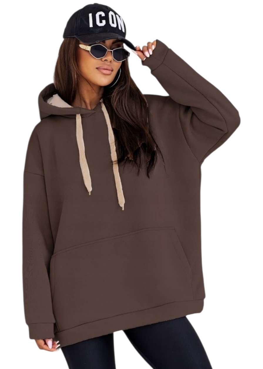 Gruba Ciepła Luźna Bluza Dresowa Damska Z Kapturem Premium Czekolada L/XL
