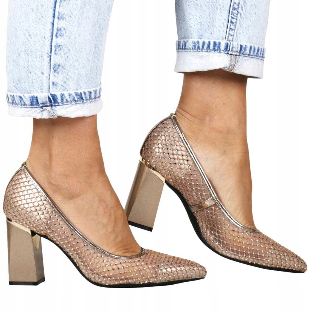 Czółenka Damskie Zjawiskowe Buty Na Obcasie Słupku Z Cyrkoniami Beżowe