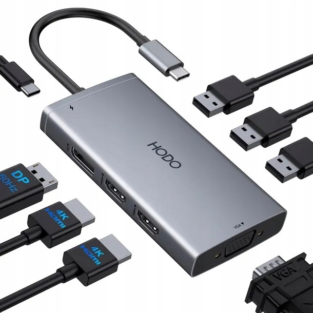 Hodo Hub Usb-c Pd 3.0 2X Hdmi 4K Dp 3 Usb Vga 100W 8w1 Macbook Dell Hp