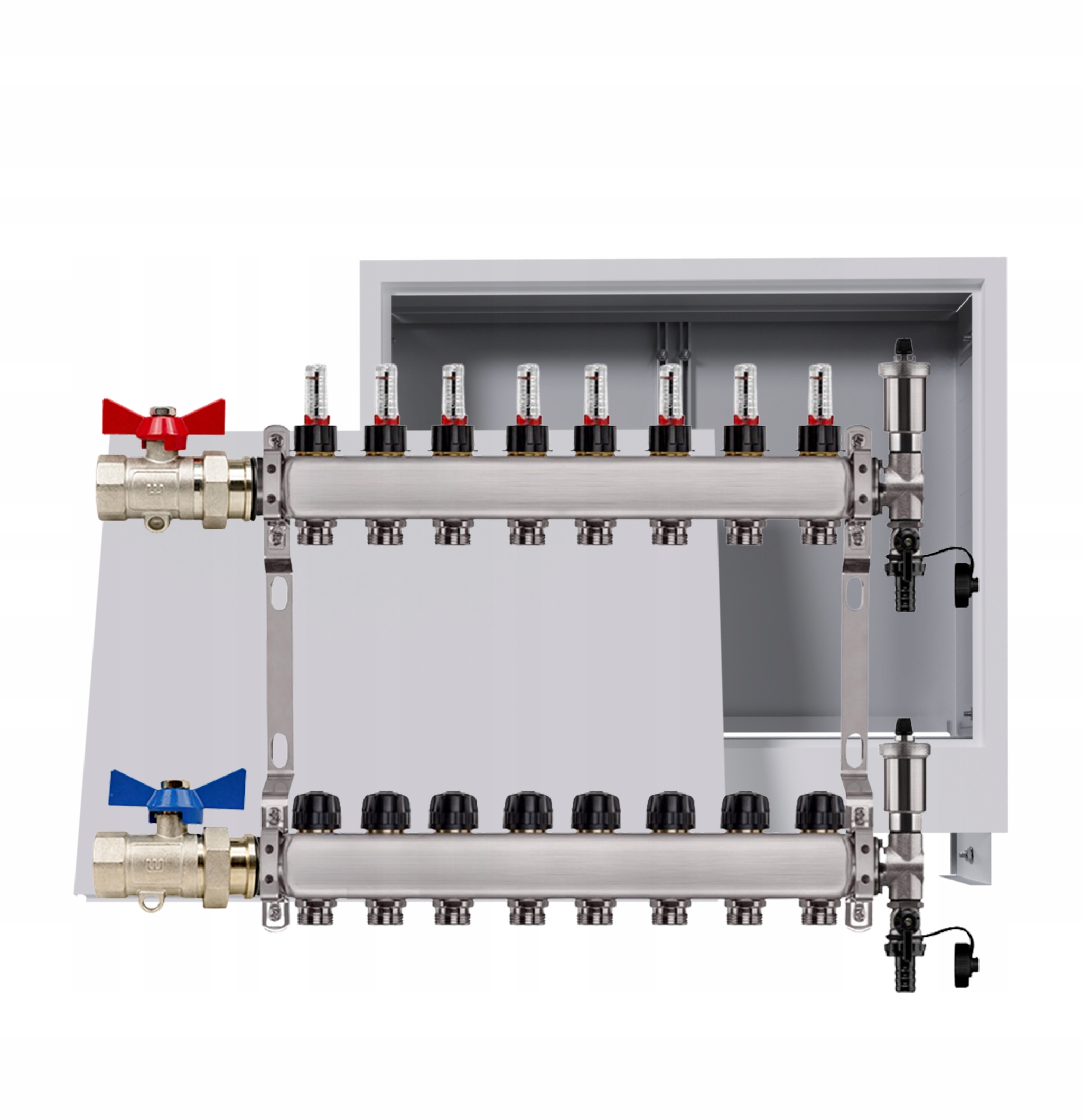 Rozdělovač nerezový Podlahové krytiny 8 okruhů Podomítková skříň Ventily