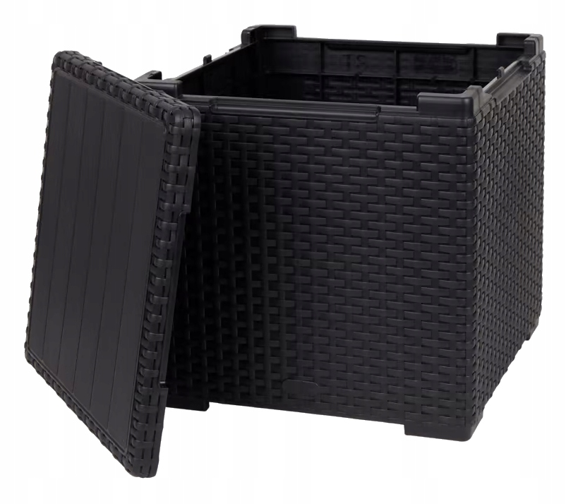 SKRZYNIA BALKONOWA TARASOWA POJEMNIK RATTANOWY STOLIK ZE SCHOWKIEM 2w1 Kolor czarny