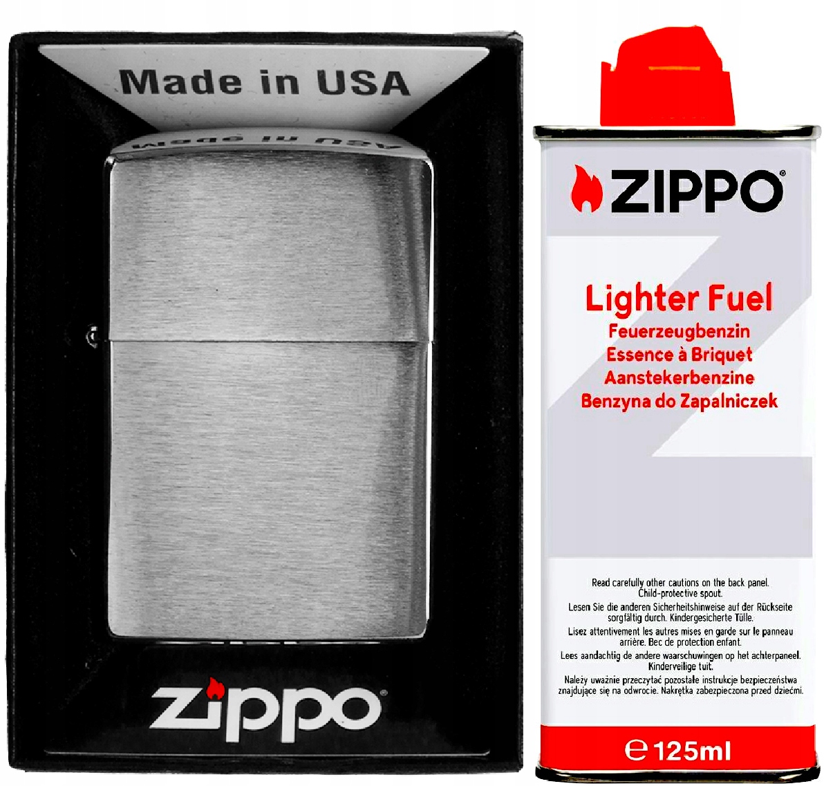 Sada Zippo Zapalovač Brushed Chrome Benzín Příslušenství