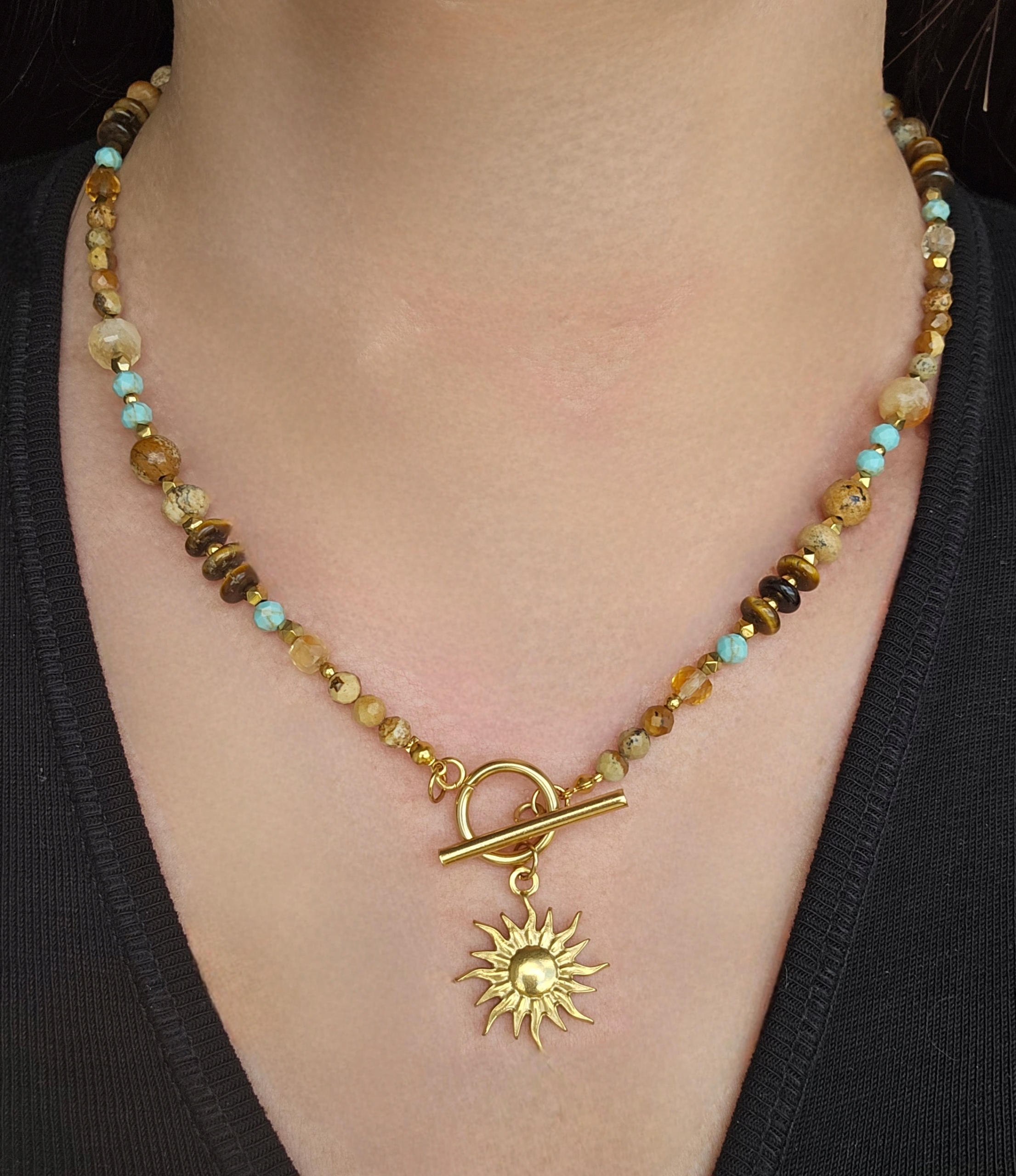 Naszyjnik Kamienie Jaspis Magnezyt Tygrysie Oko Cytryn Piórko Słońce