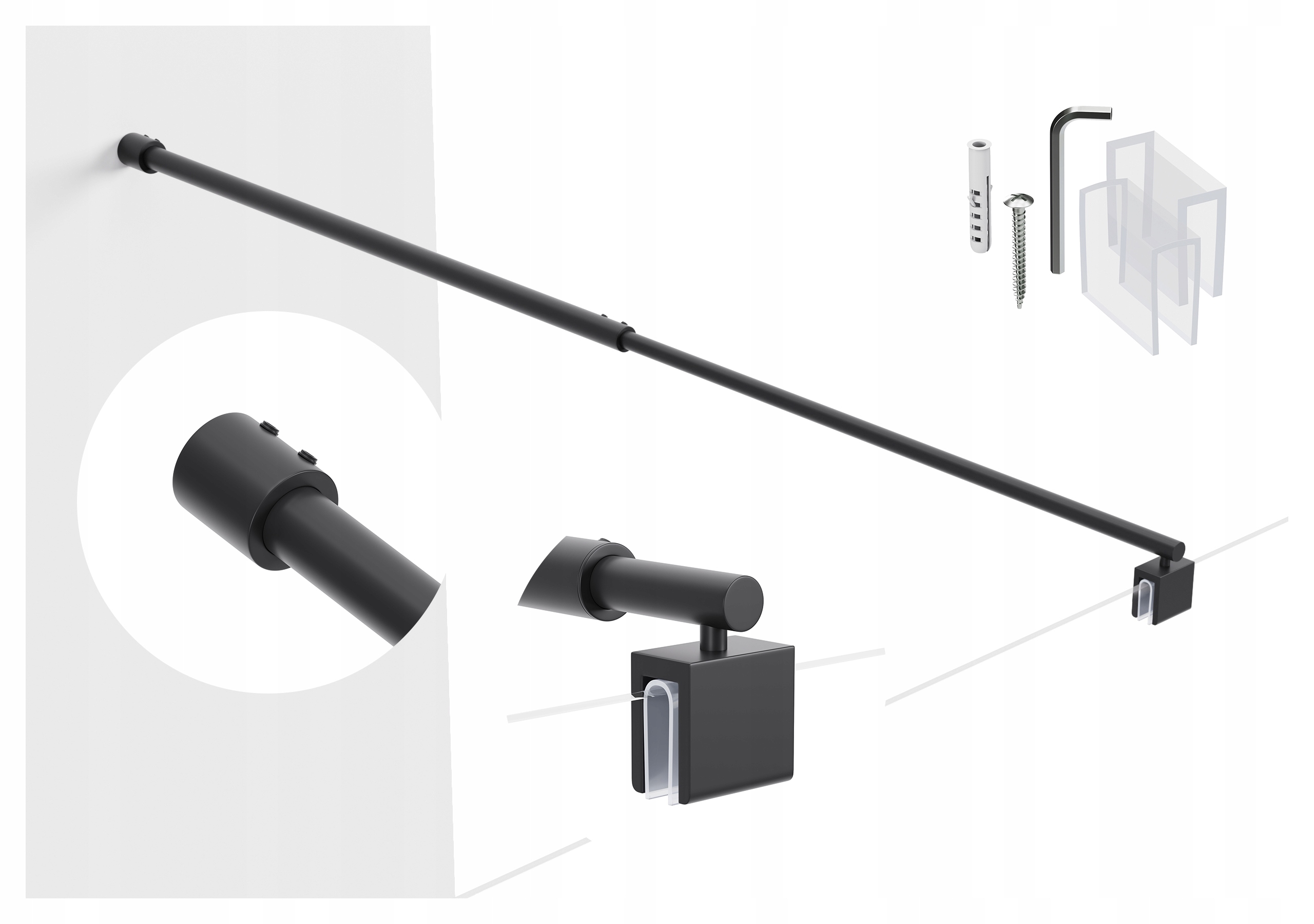 Držák do kabiny nastavitelný od 65 do 120 cm, sklo 6-8 mm, černý