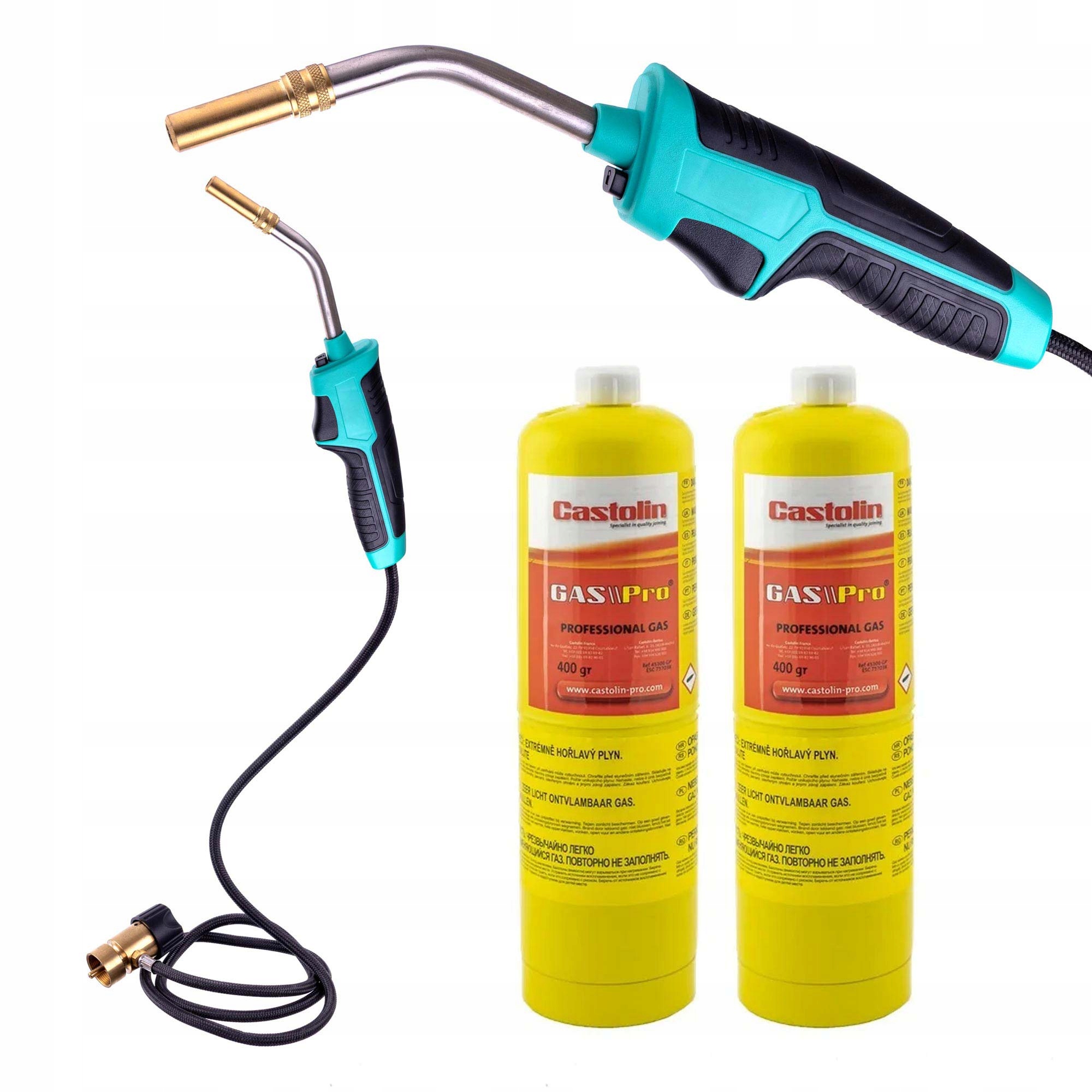 Plynový Hořák Mapp Propan Piezo Turbo Pro Pájení Hadice 2x Láhev Castolin