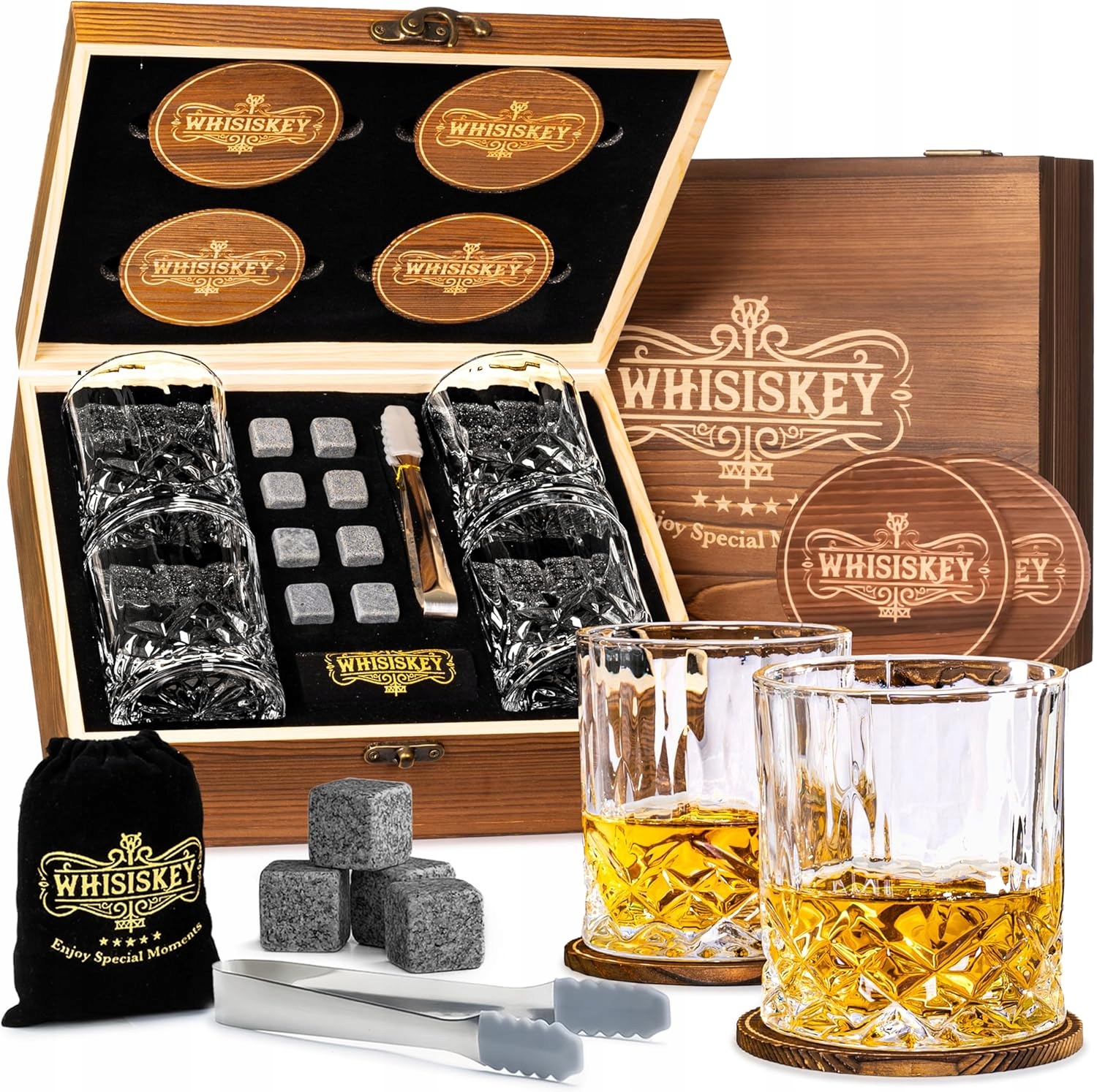 ELEGANCKI ZESTAW PREZENTOWY DO WHISKY 4 SZKLANKI KAMIENIE PODKŁADKI