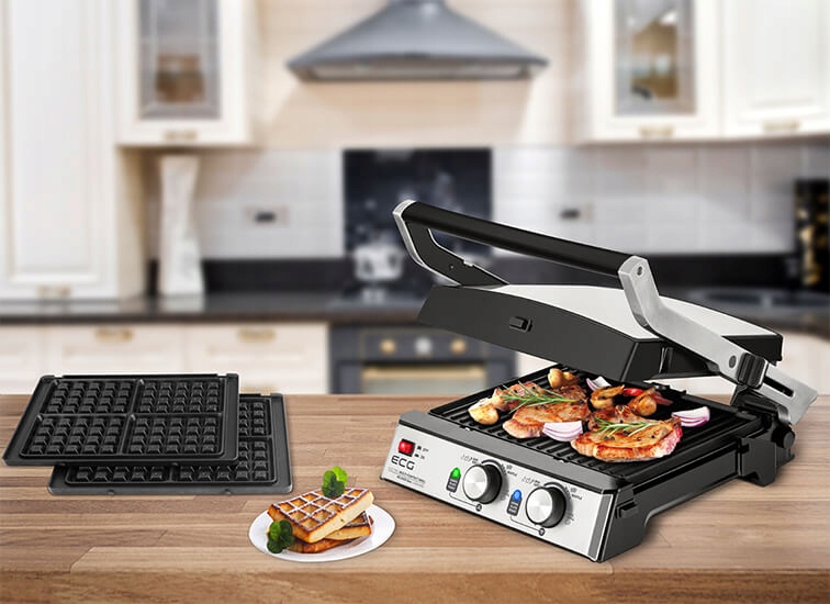 OPIEKACZ GRILL PANINI GOFRY 3w1 ECG 2000W SOLIDNY Szerokość produktu 36.5 cm