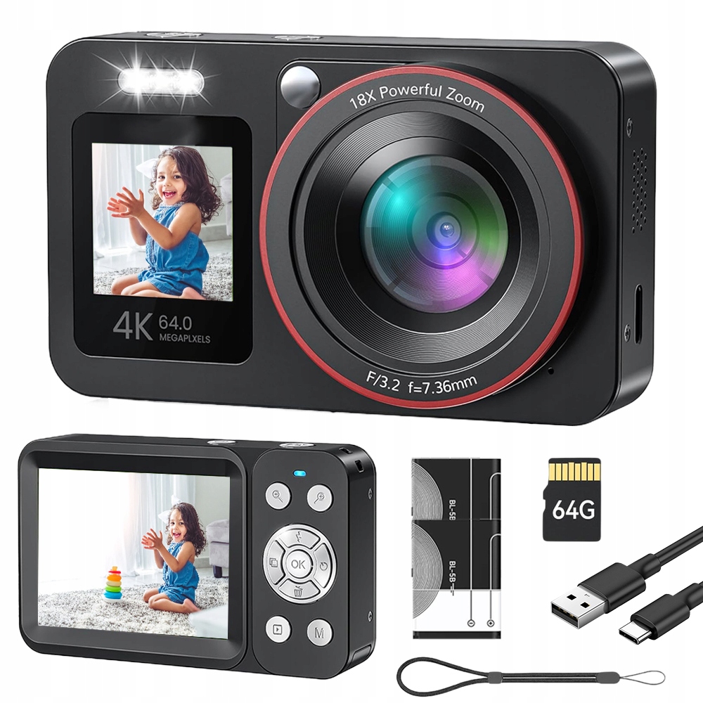 Digitální Fotoaparát Deatti 4K 64MP Dvojitý Displej 18X Digitální Zoom 64GB