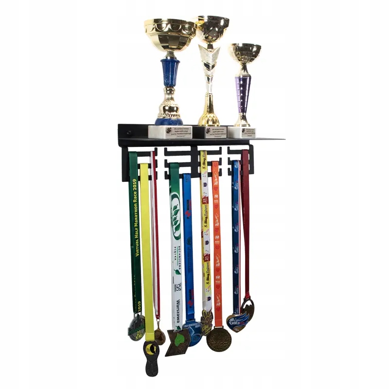 Wieszak na medale z półką na puchary 40cm metalowy czarny zestaw loft