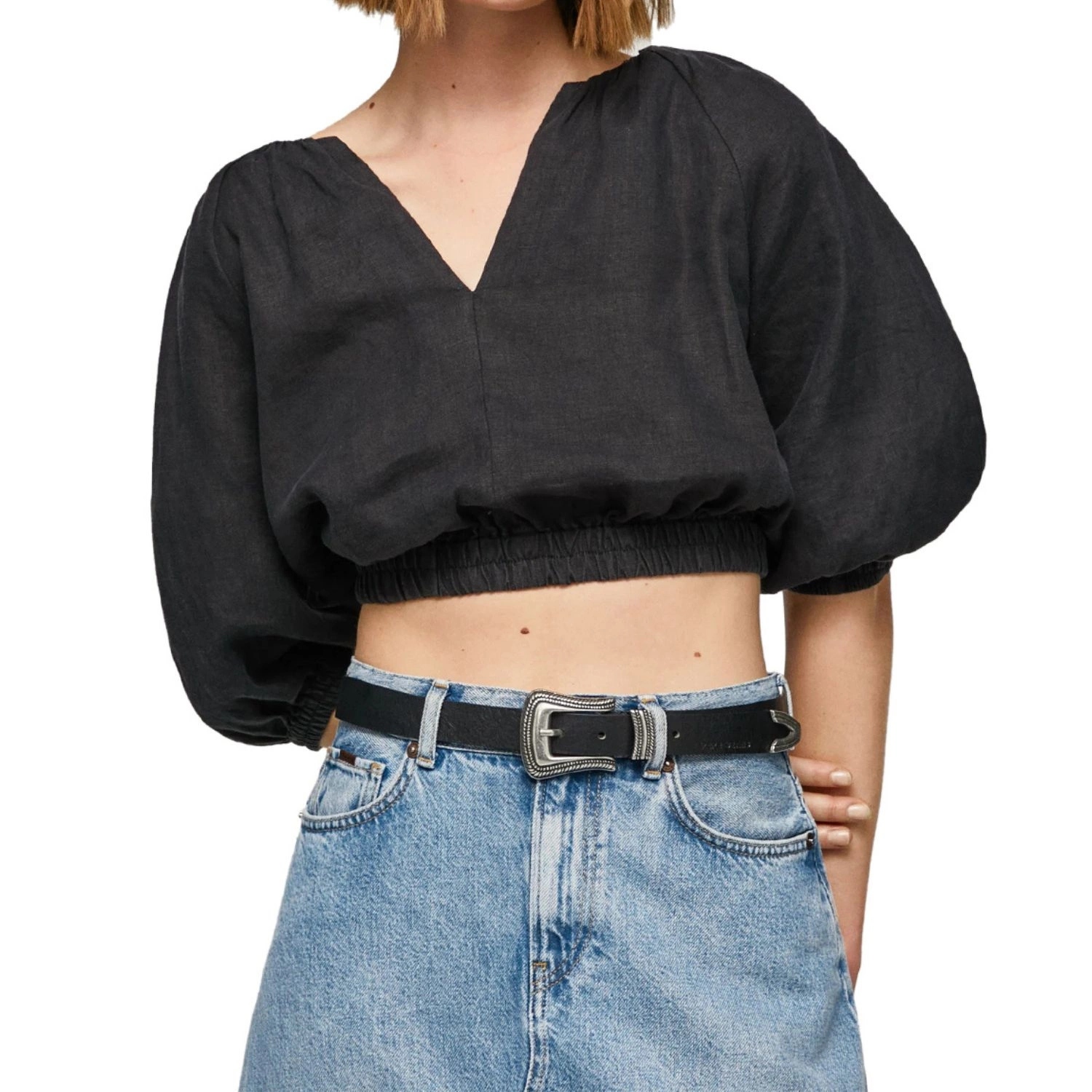 Dámská halenka Pepe Jeans, černá lněná viskóza s bufetovými rukávy, vel. M