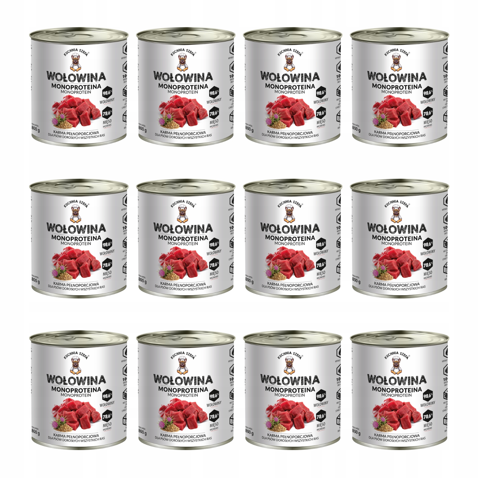 Kuchnia Szefa Monoproteinové Krmivo mokré pro psa Hovězí 12x800g Set