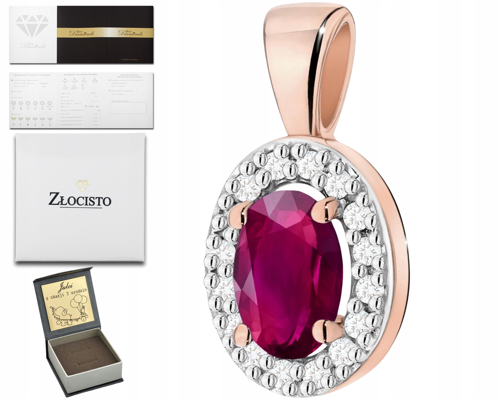 Růžové Zlato Přívěsek S Rodolitem A Diamanty Zlato 585 Dárek Gravírování
