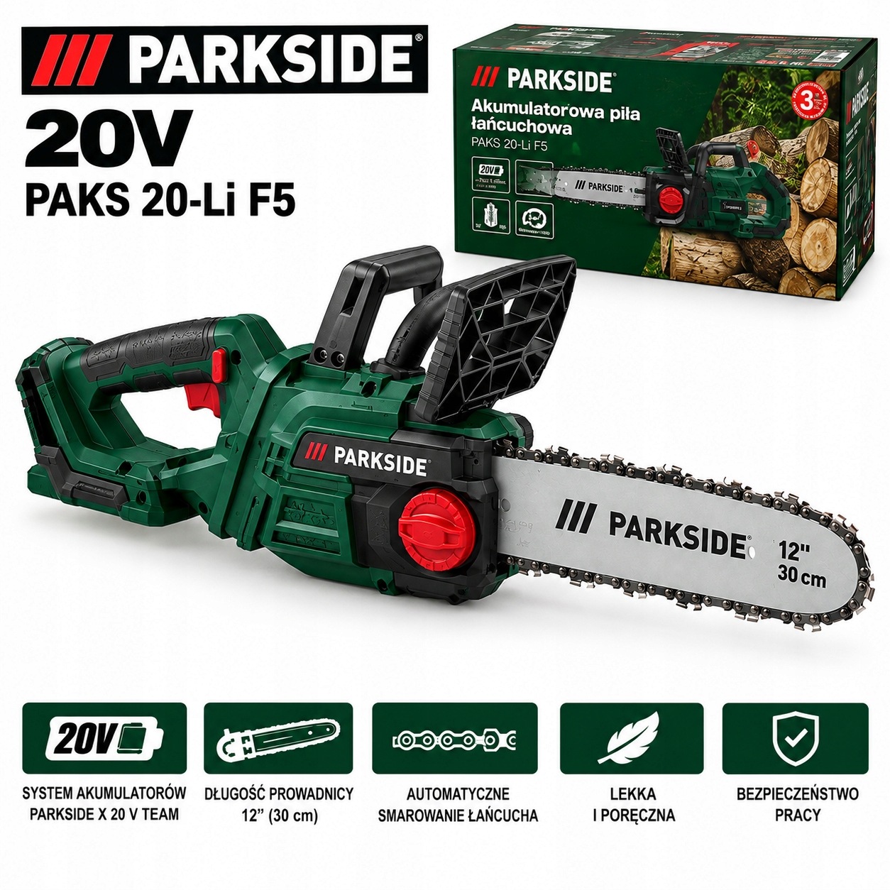 Piła łańcuchowa akumulatorowa Parkside 20V Paks 20-Li F5