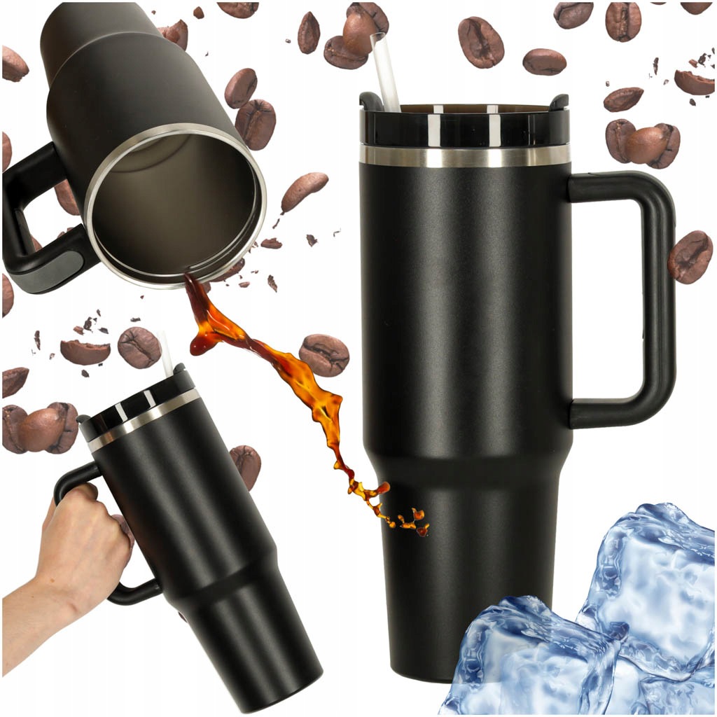 Kubek termiczny ze słomką i uchwytem termos 1200ml czarny