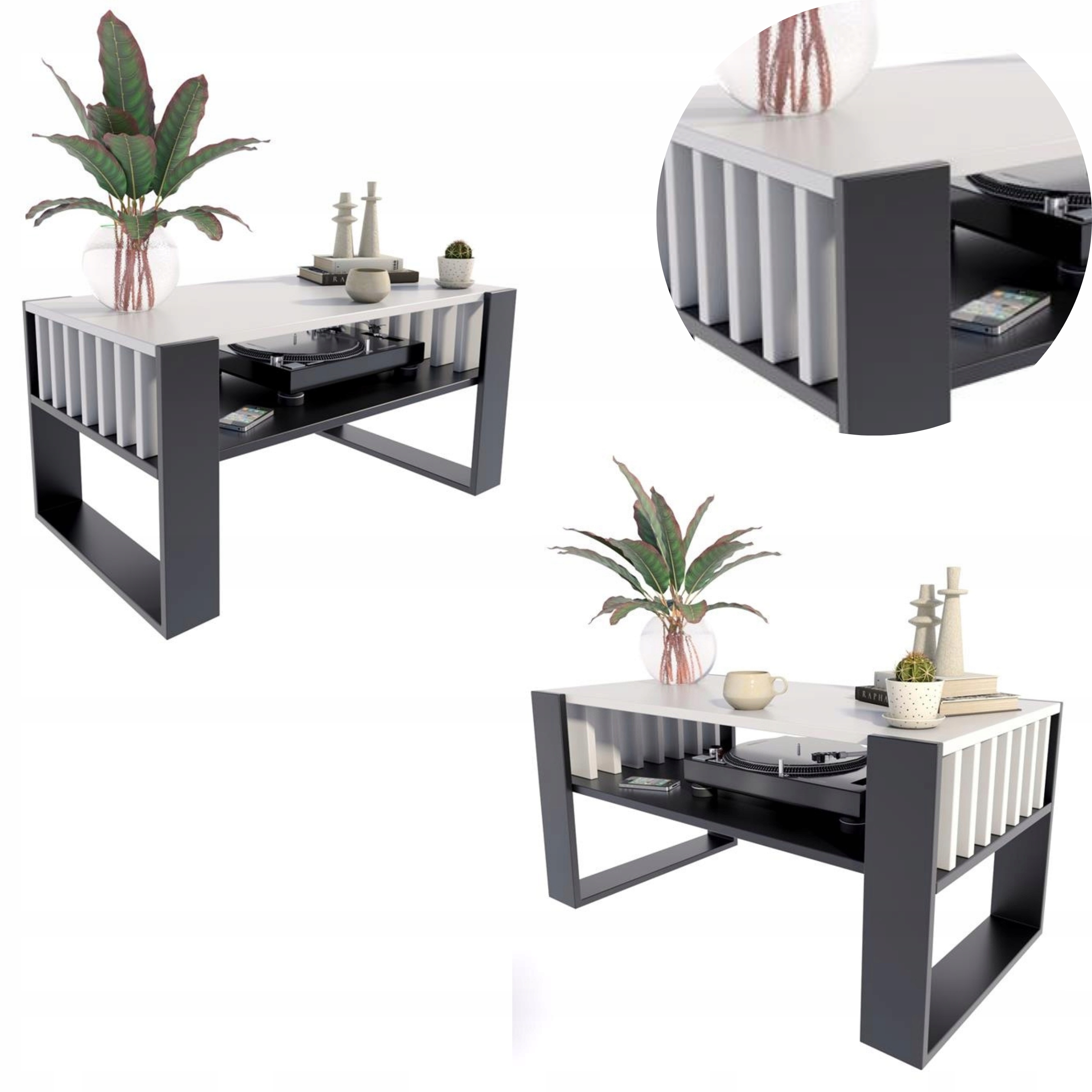 Lavice Iga bílo-černá s lamelami konferenční stolek 100 cm stůl lamely loft retro