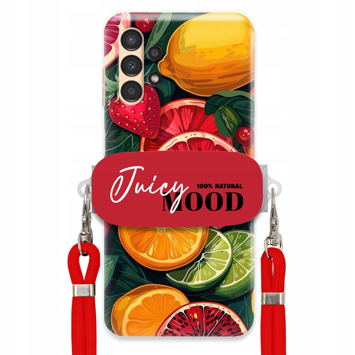Puzdro pre Samsung A04S Červené Crossbody vodítko držiak Juice Mood Ovocie