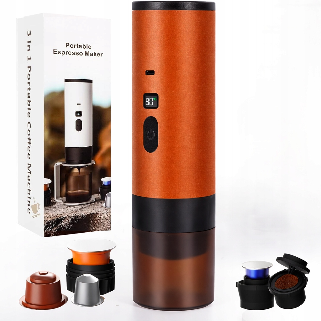 Bezprzewodowy Ekspres Przenośny 3w1 Kapsułki Kawa Mielona Pomarańczowy