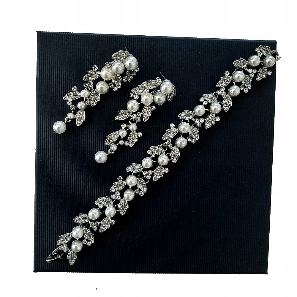 KOMPLET BRANSOLETKA KOLCZYKI LIŚCIE PERŁY ŚLUB