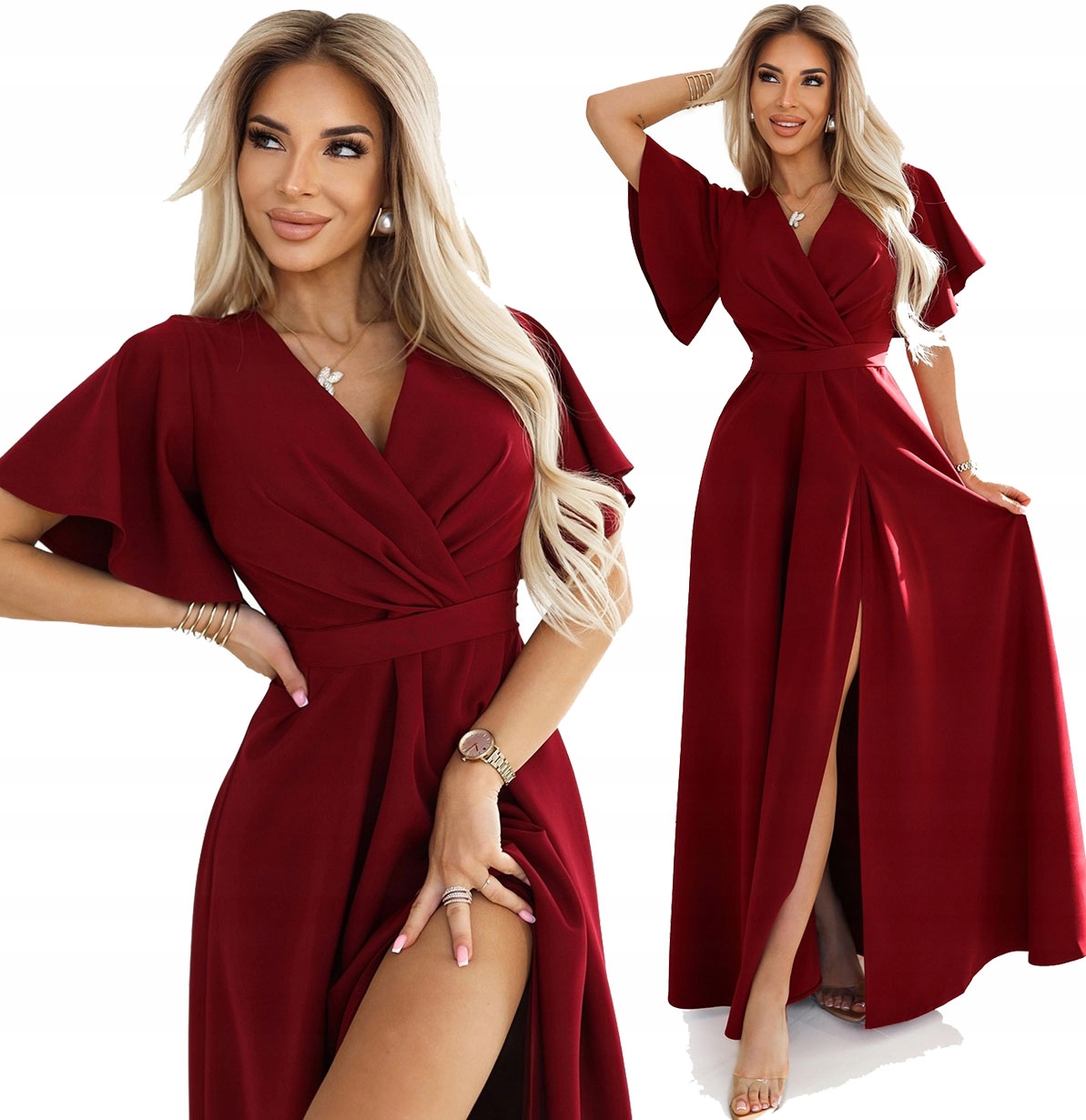 Elegantní Večerní Šaty S Výstřihem Na Noze A Rukávkem Bordó M