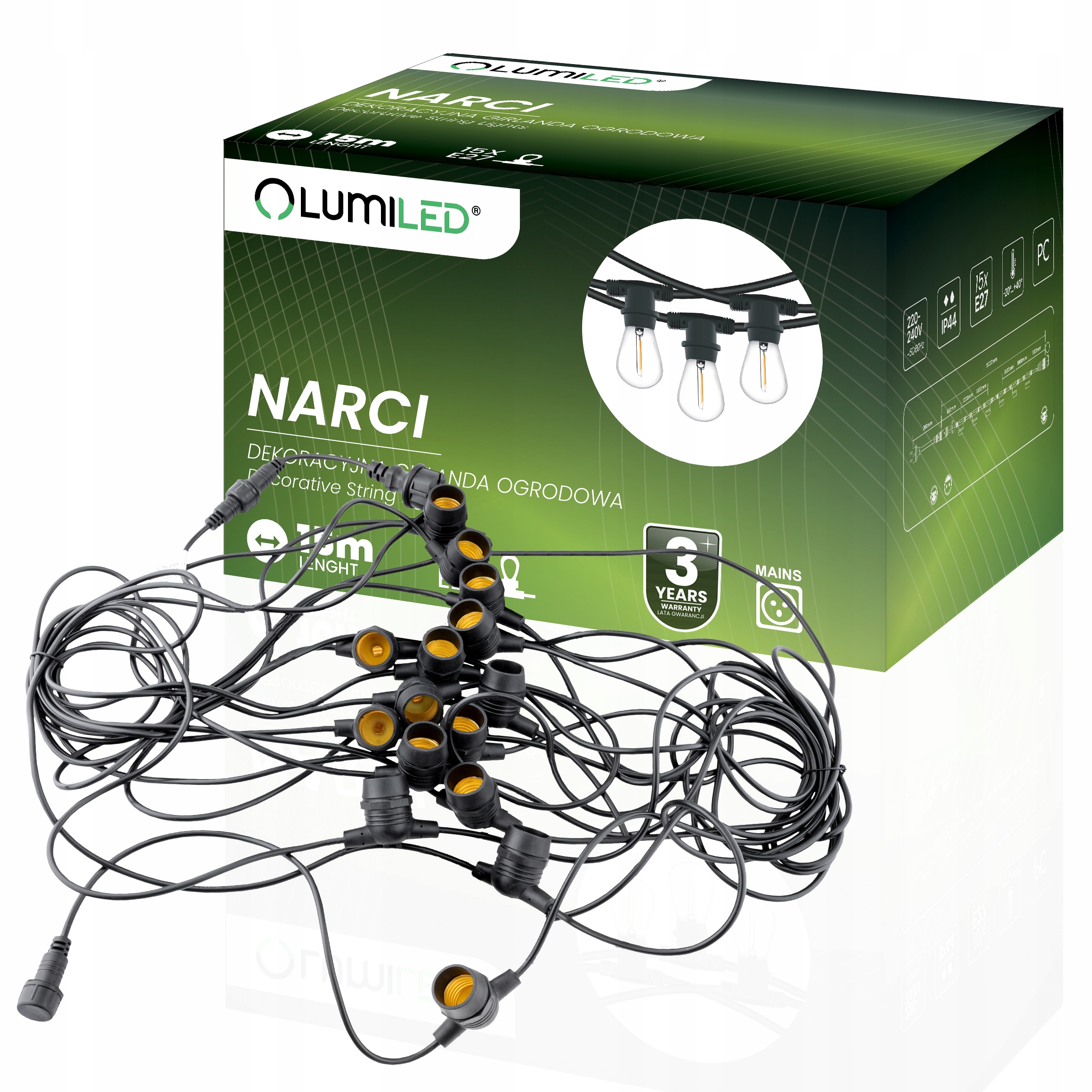 Venkovní zahradní girlanda Světelný řetěz Šňůra 15 m 15x E27 Premium