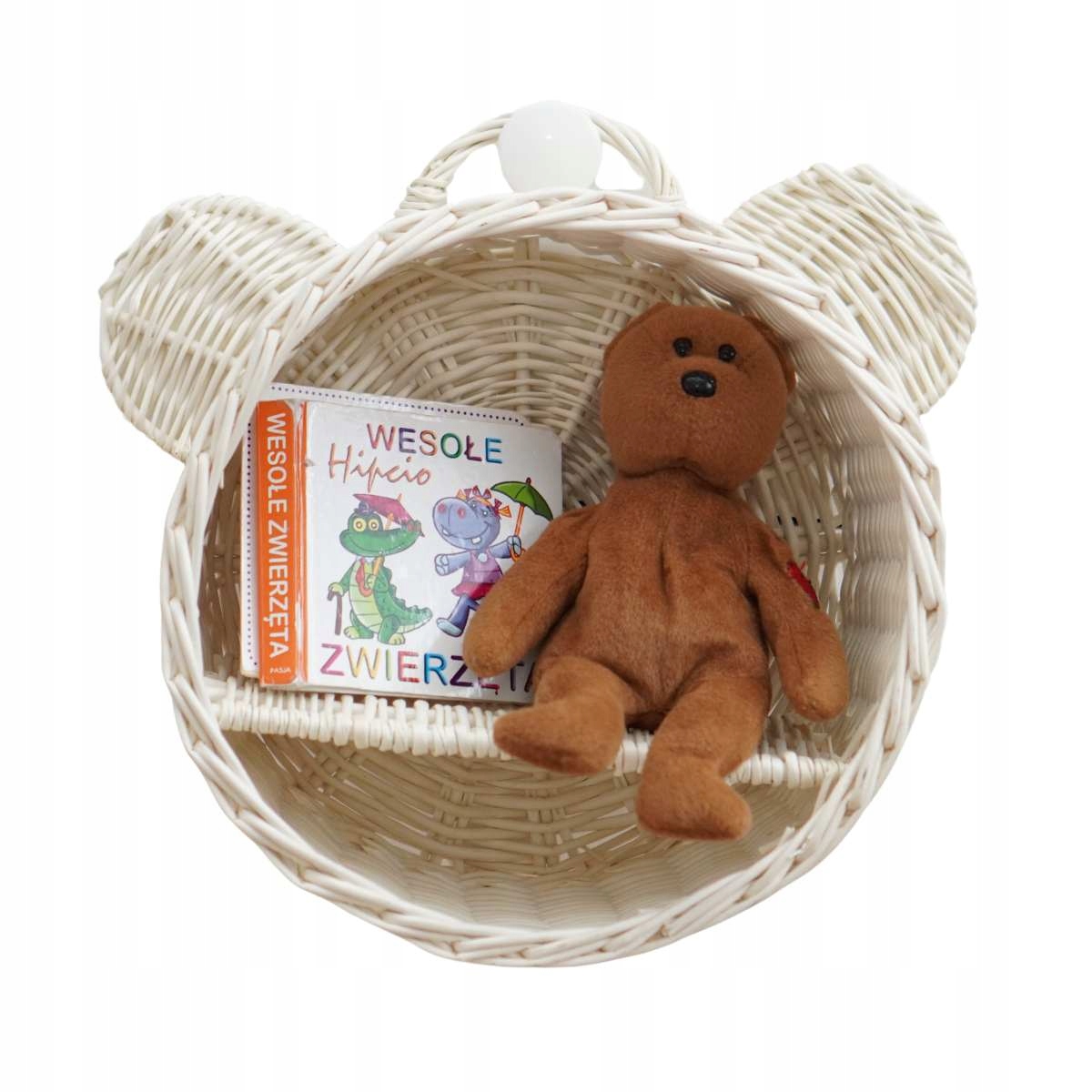 PÓŁKA WIKLINOWA ŚCIENNA MIŚ KOSZYK WYBIELANY DO POKOJU DZIECIĘCEGO