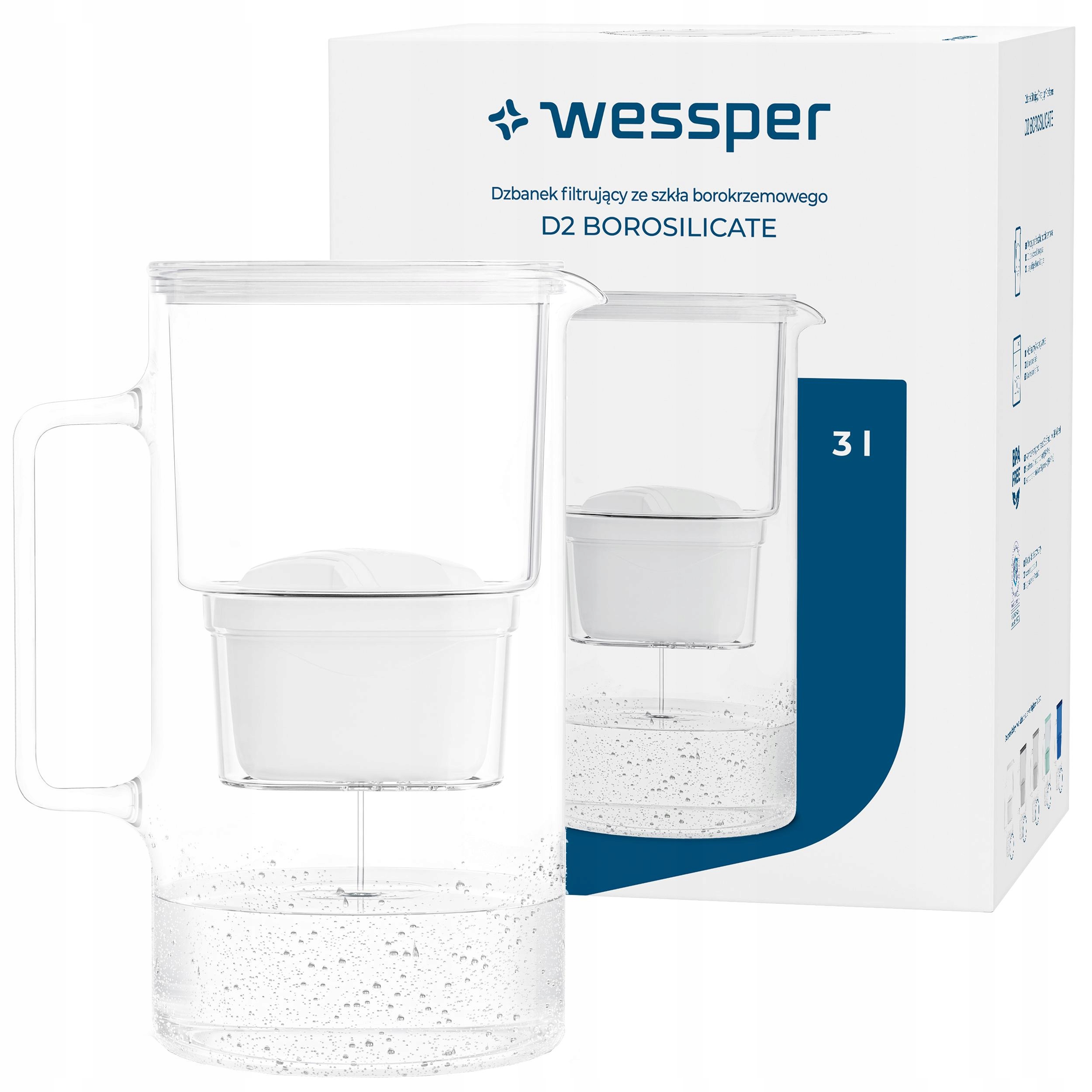 Dzbanek Szklany Wessper D2 Borosilicate 3l 1x Filtr Wkład Wody Wessper