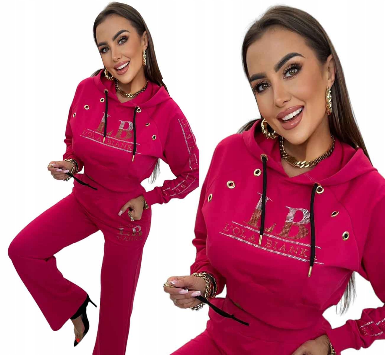 Dres damski komplet bluza spodnie dzwony dresowe Różowy zdobiony