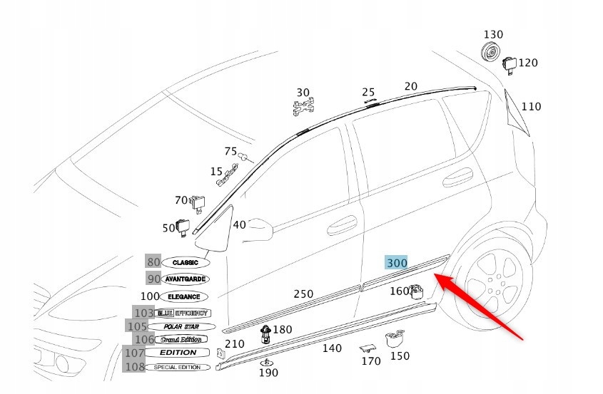 Chromovaná Boční Lišta Mercedes A Třída W169, Zadní Levá