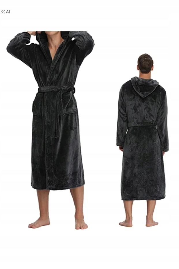 Měkký Černý Župan S Kapucí Dlouhý Elegantní 10XL 5IA