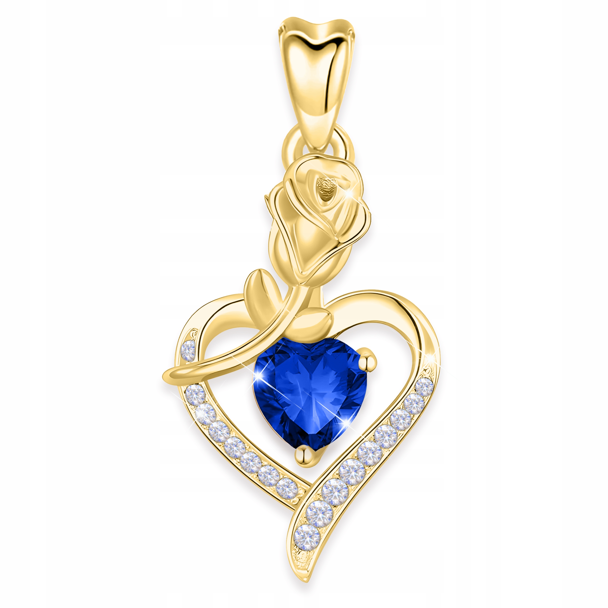 Zlatý přívěsek 925 Modré křišťálové srdce s růží, safírový kámen