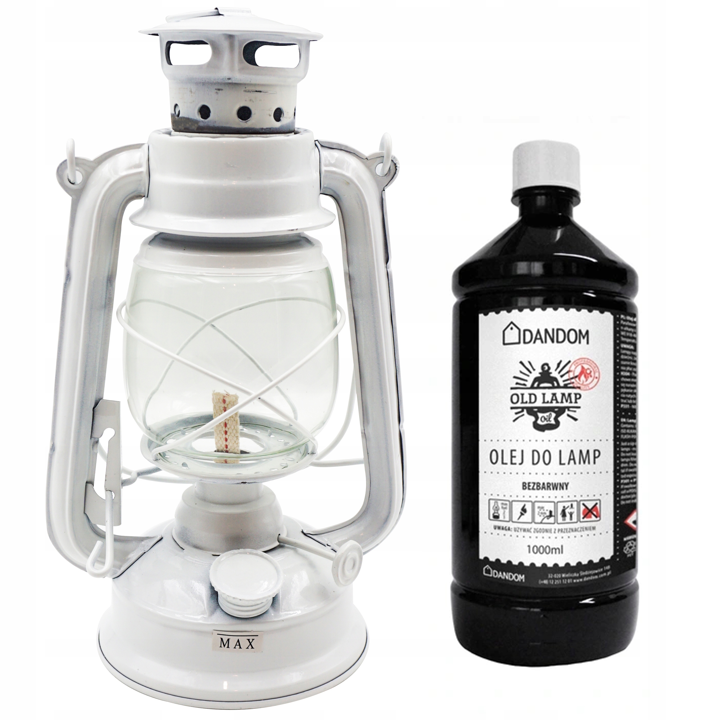 RETRO LAMPA NAFTOWA Z KNOTEM + OLEJ 1L BIAŁA 24cm