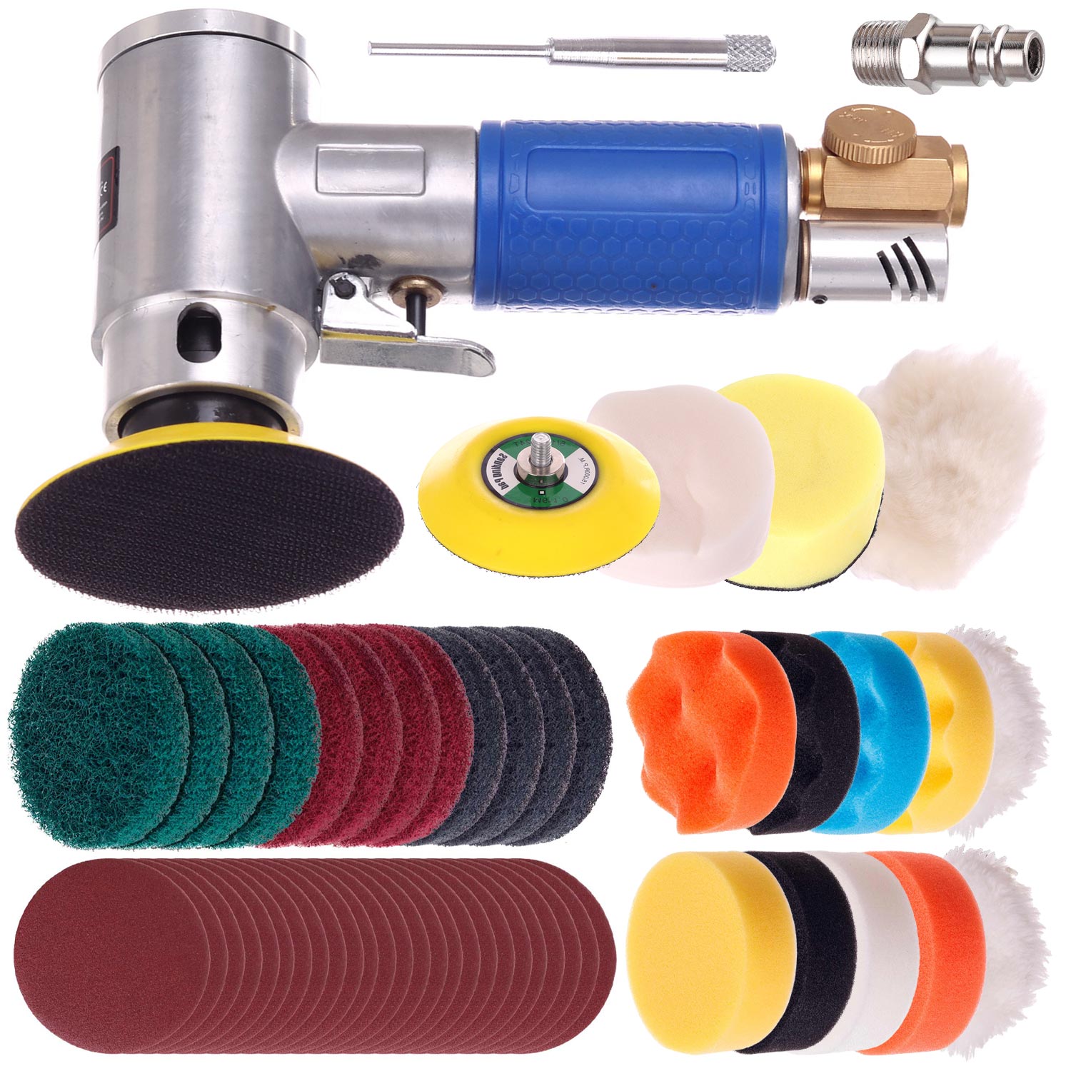 Bruska Pneumatická leštička 75 mm Houbičky Kožešina Netkaná 51 Ks Excentrická