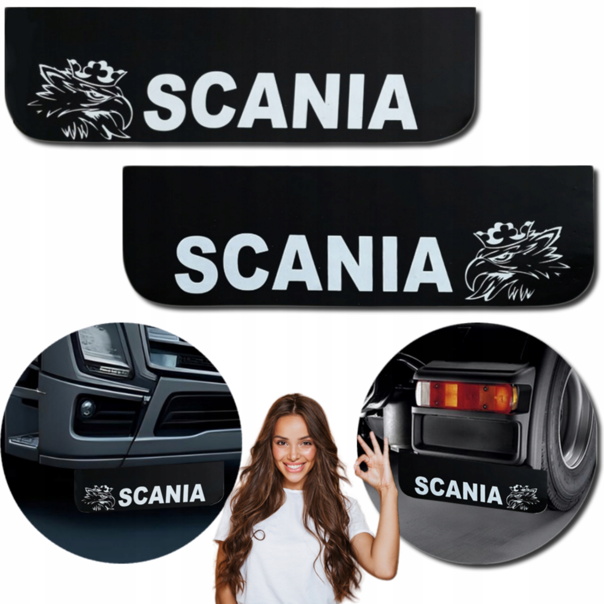 Chlapacz Fartuch Osłona błotna do Scania +logo Czarny-Biały 60x18cm 2szt
